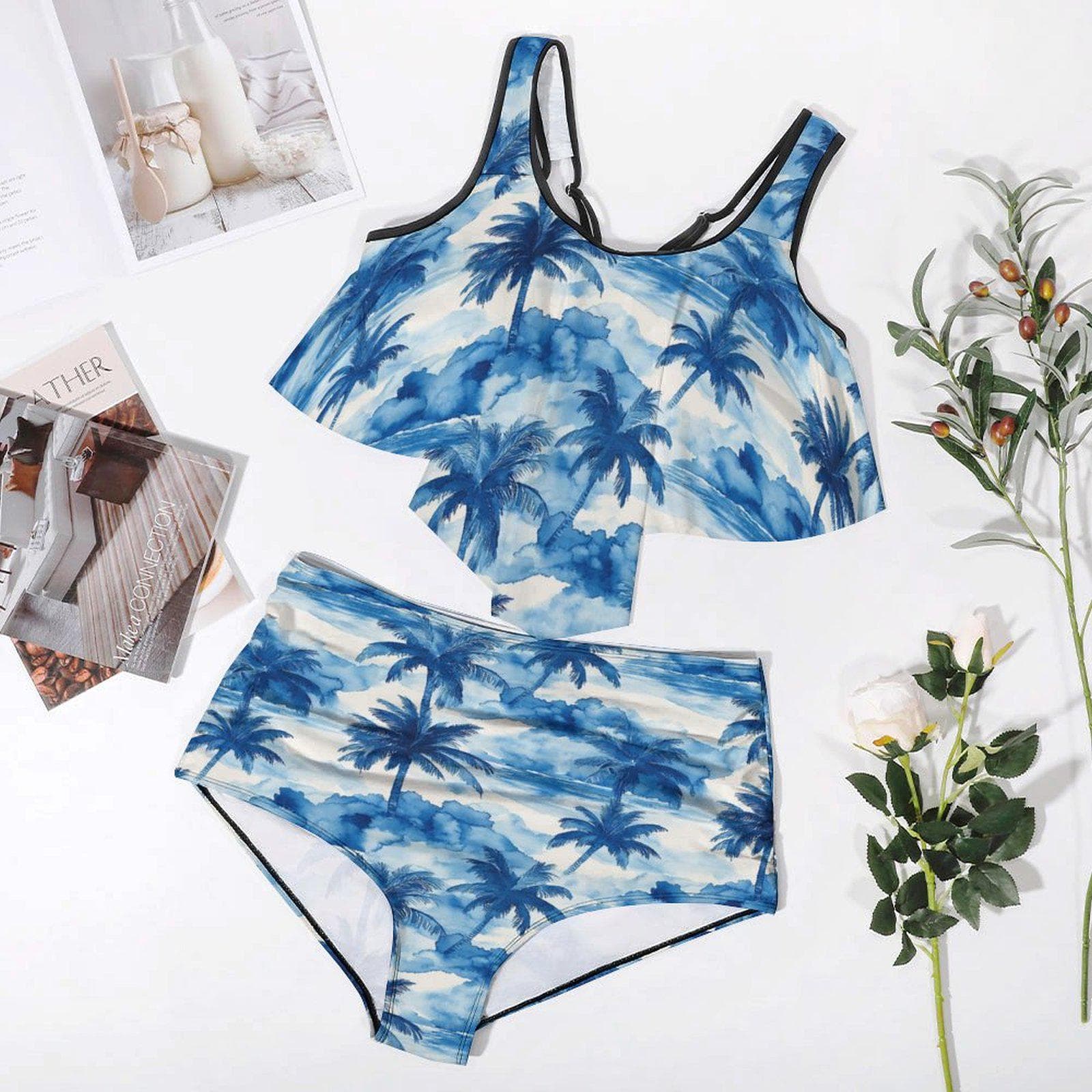 Plus Size Flounce Bikini Set | Tropical Palm Tree Print High Waisted Swimsuit