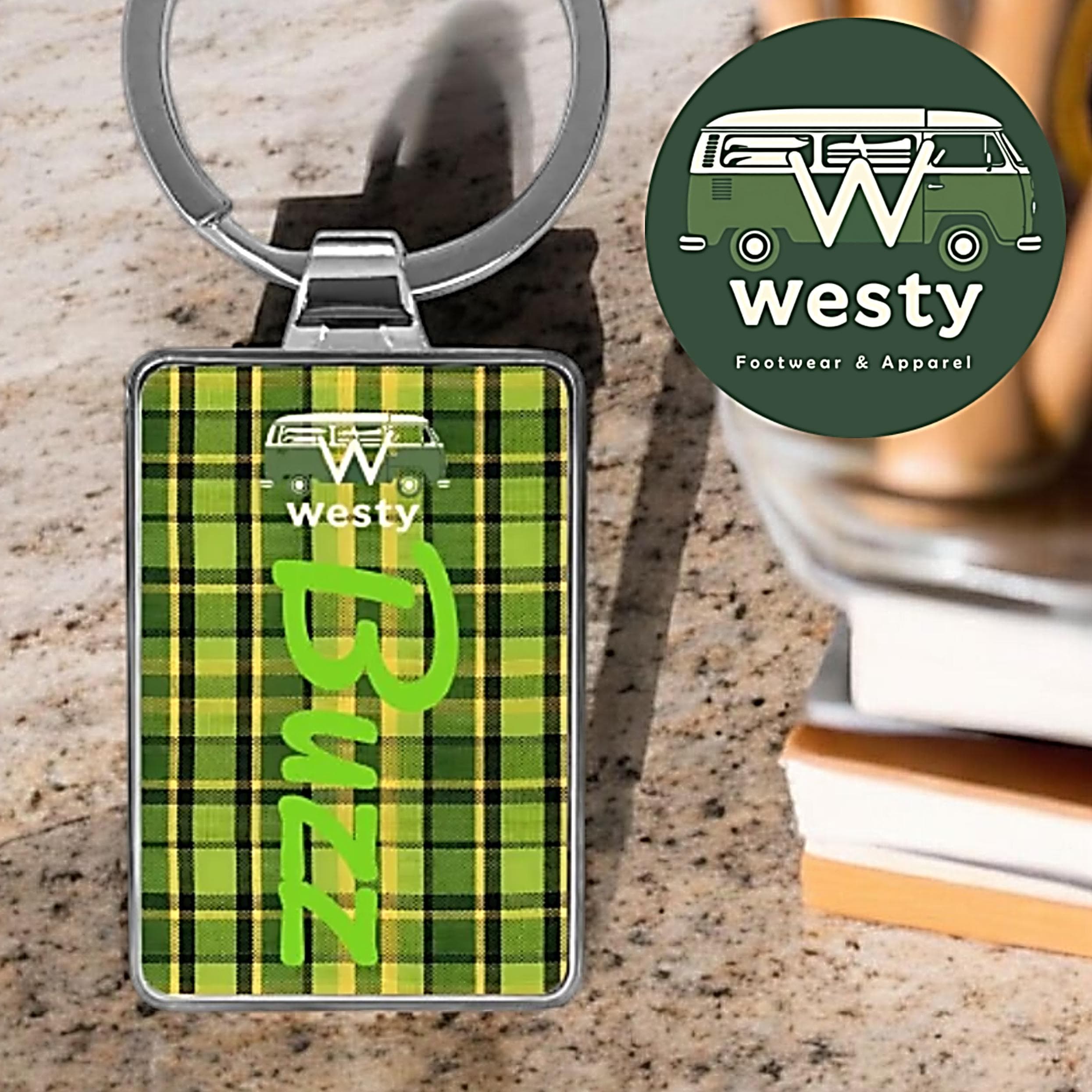 Westy Green Plaid VW Bus Keychain - Retro Camper Van