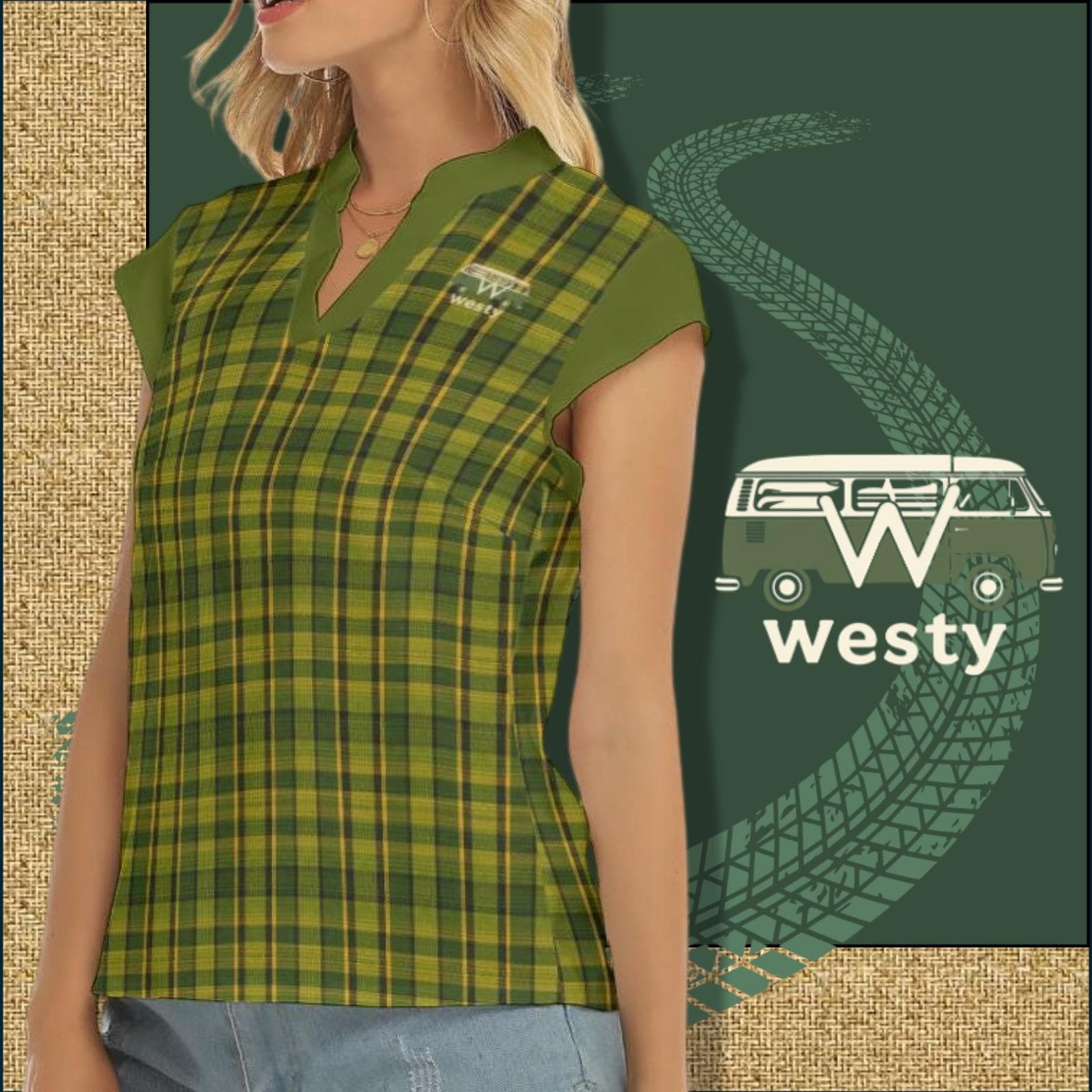 Westy Plaid V-Neck Top - Westfalia Camper Bus Road Trip Shirt