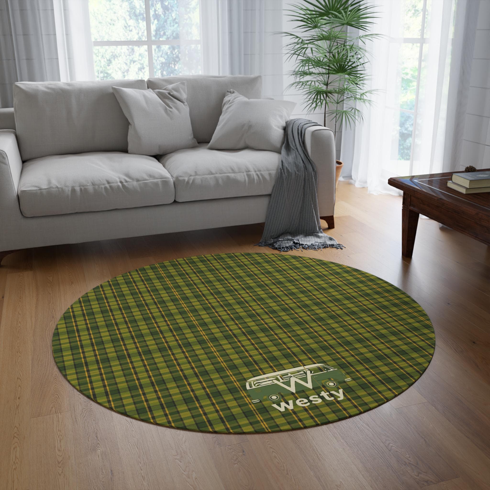 Green Plaid Westy Camper Round Rug | Retro Campervan Floor Mat