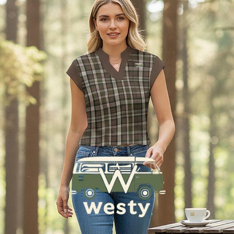 Westfalia Camper Plaid V-Neck Top, Adventure Van Life Shirt