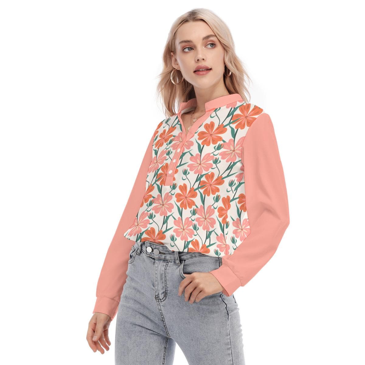 Peach Blossom Floral Blouse | Mandarin Collar, Stretch Fabric