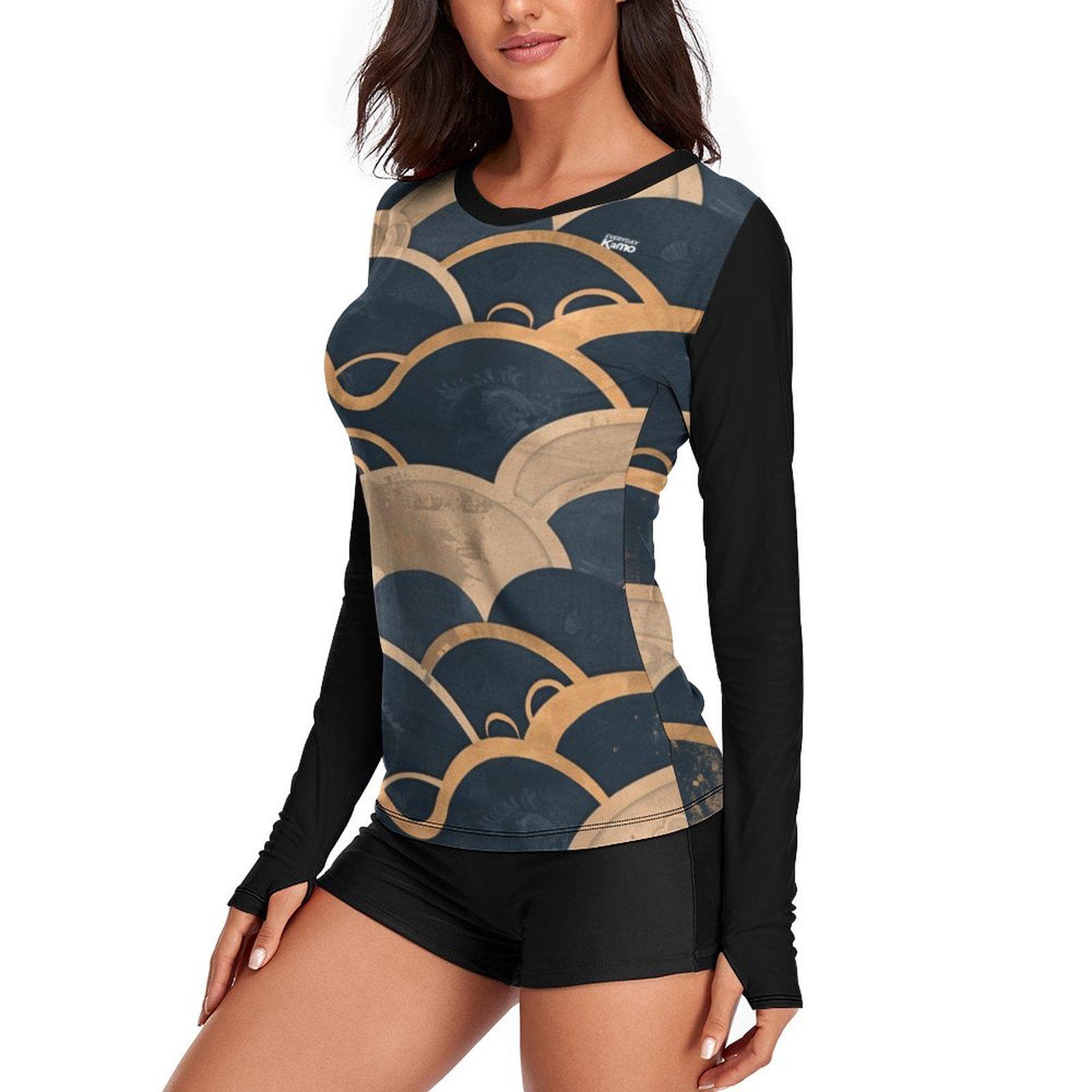 Everyday Kamo Women's UPF 40 Sun Protection Shirt | Japanese Wave Print Long Sleeve Rash Guard | Quick Dry Cooling Outdoor Top