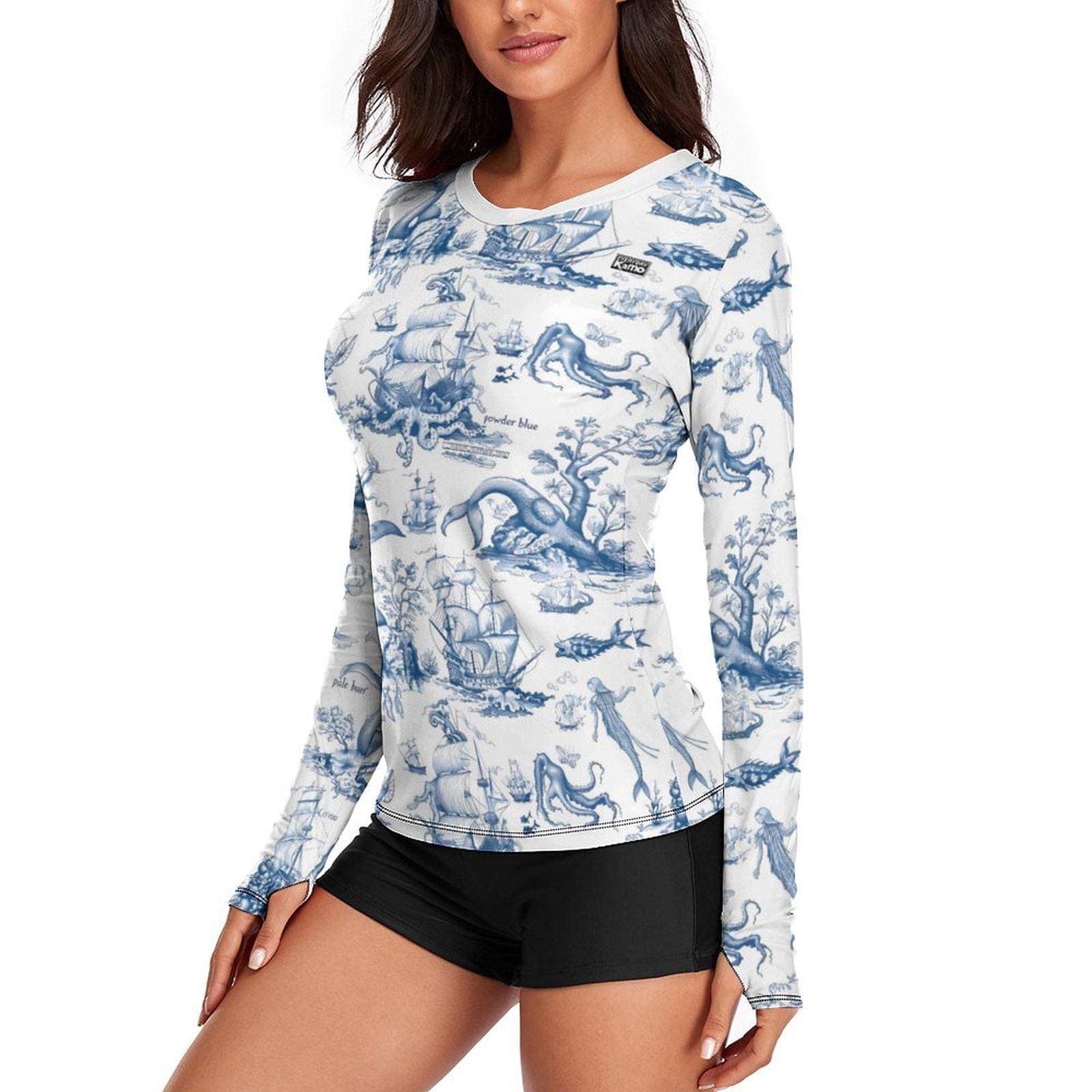 Women's Blue Toile Nautical UPF 40 Sun Protection Shirt | Mythical Sea Creatures & Ships | Quick Dry Ice Silk Rash Guard Tee
