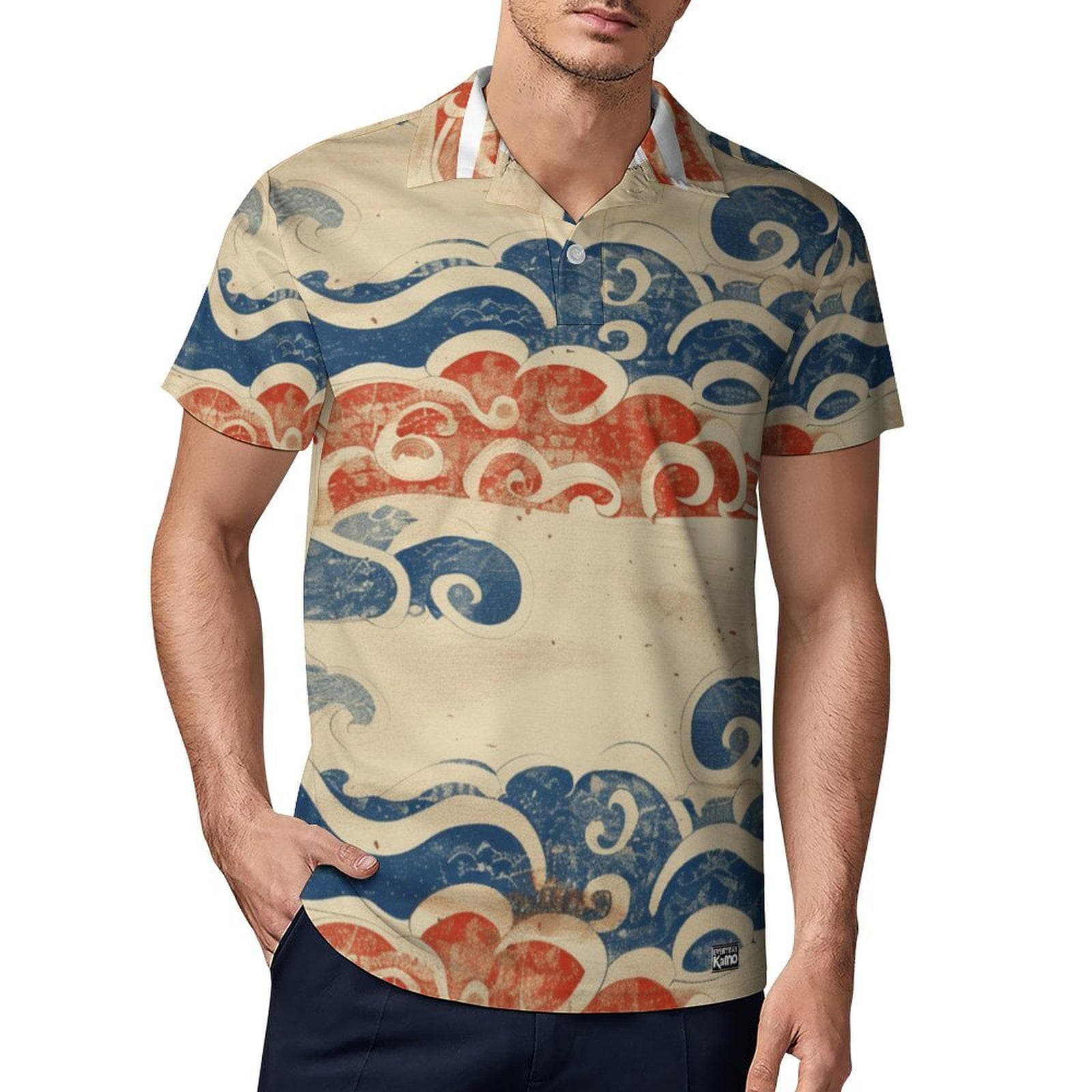 Everyday Kamo Men's Japanese Wave Cotton Polo Shirt - Stylish Distressed Ocean Print Short Sleeve Top