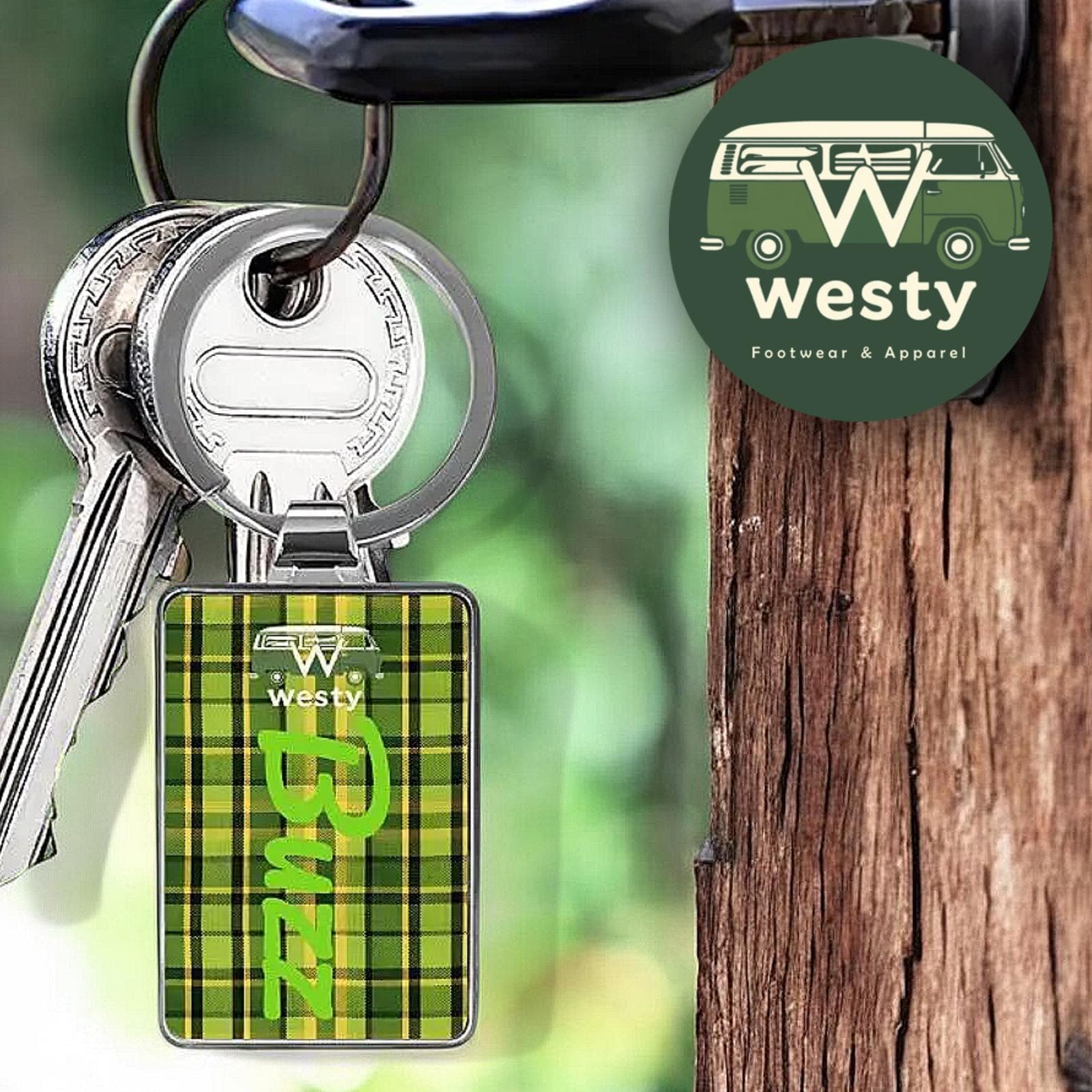 Westy Green Plaid VW Bus Keychain - Retro Camper Van