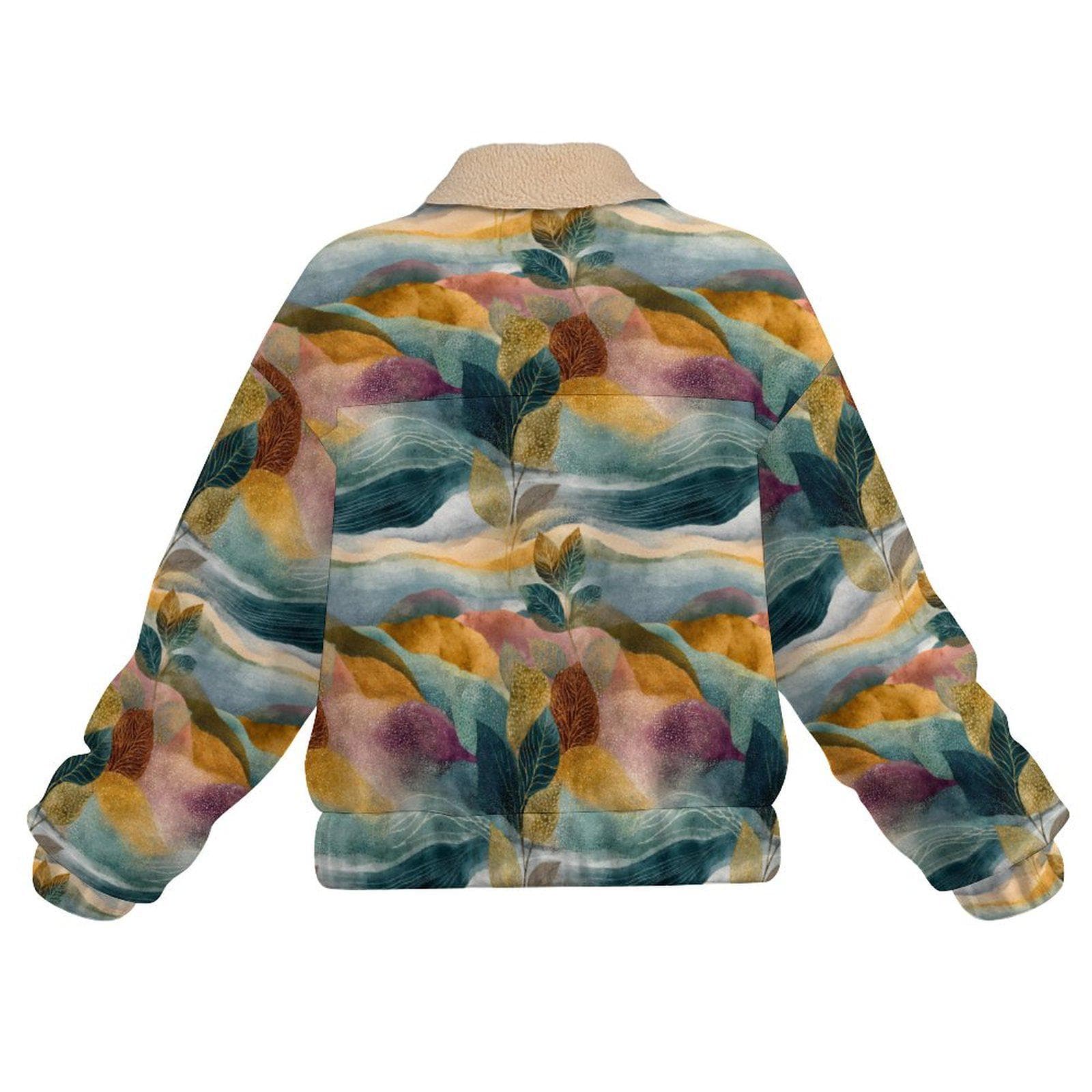Artistic Abstract Fleece Jacket | Colorful Sherpa Collar Bomber | Unique Botanical Print Women's Coat