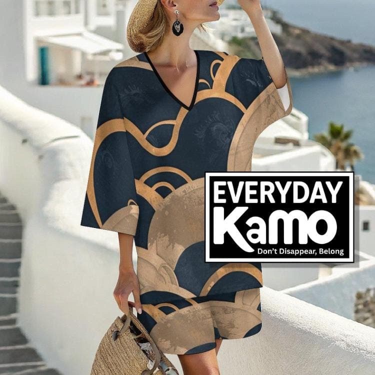 Chic Mediterranean V-Neck Slub Linen Shorts Set | Abstract Geometric Batwing Loungewear