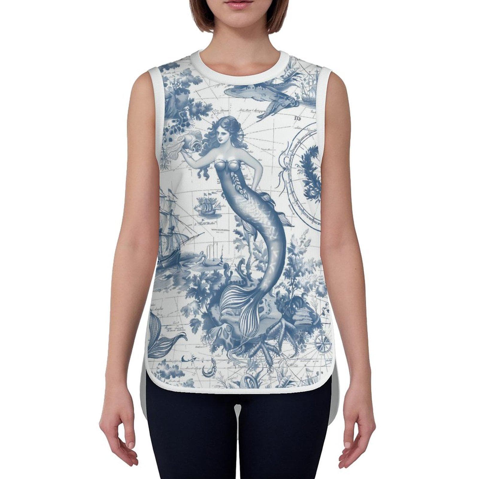 Vintage Mermaid Toile Yoga Tank Top | Nautical Ocean Map Women's Activewear