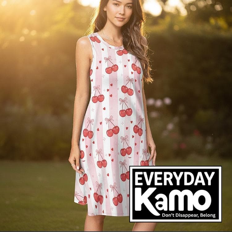 Cherry Stripe Sleeveless Dress | Pink Summer Tunic with Pockets