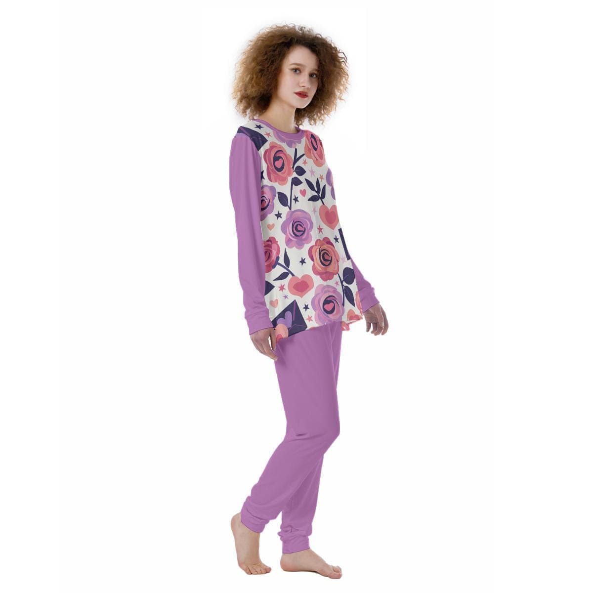 Cozy Floral Heart Pajama Set for Women | Soft Purple Rose Loungewear | Skin-Friendly Two-Piece Sleepwear