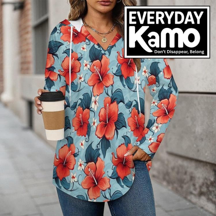 Women's Tropical Hibiscus V-Neck Hoodie | Floral Hawaiian Print Long Sleeve Pullover Tunic | Loose Fit Cozy Gabardine Sweatshirt