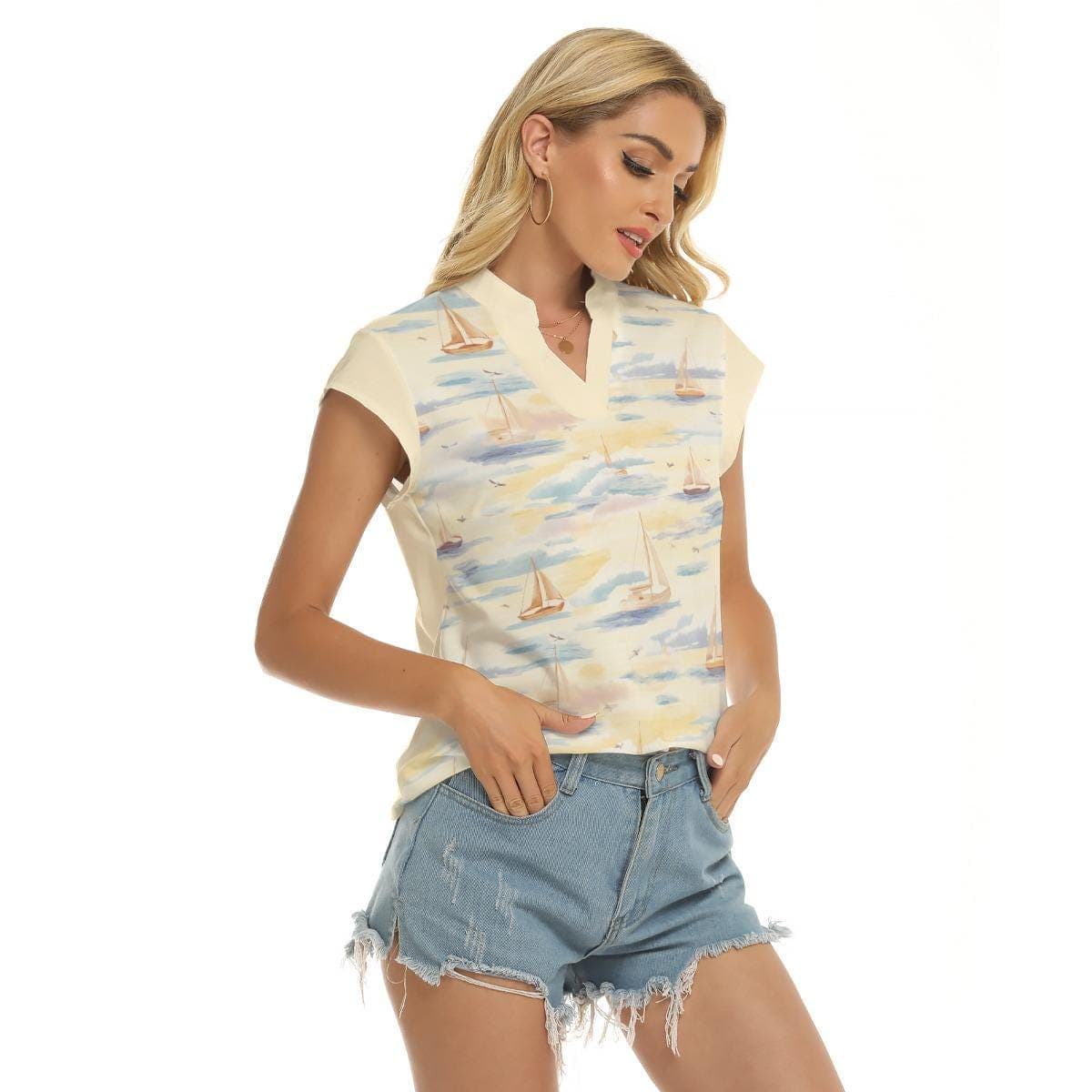Coastal Sailboat V-Neck Top, Women's Short Sleeve Nautical Print Blouse, Summer Casual Shirt