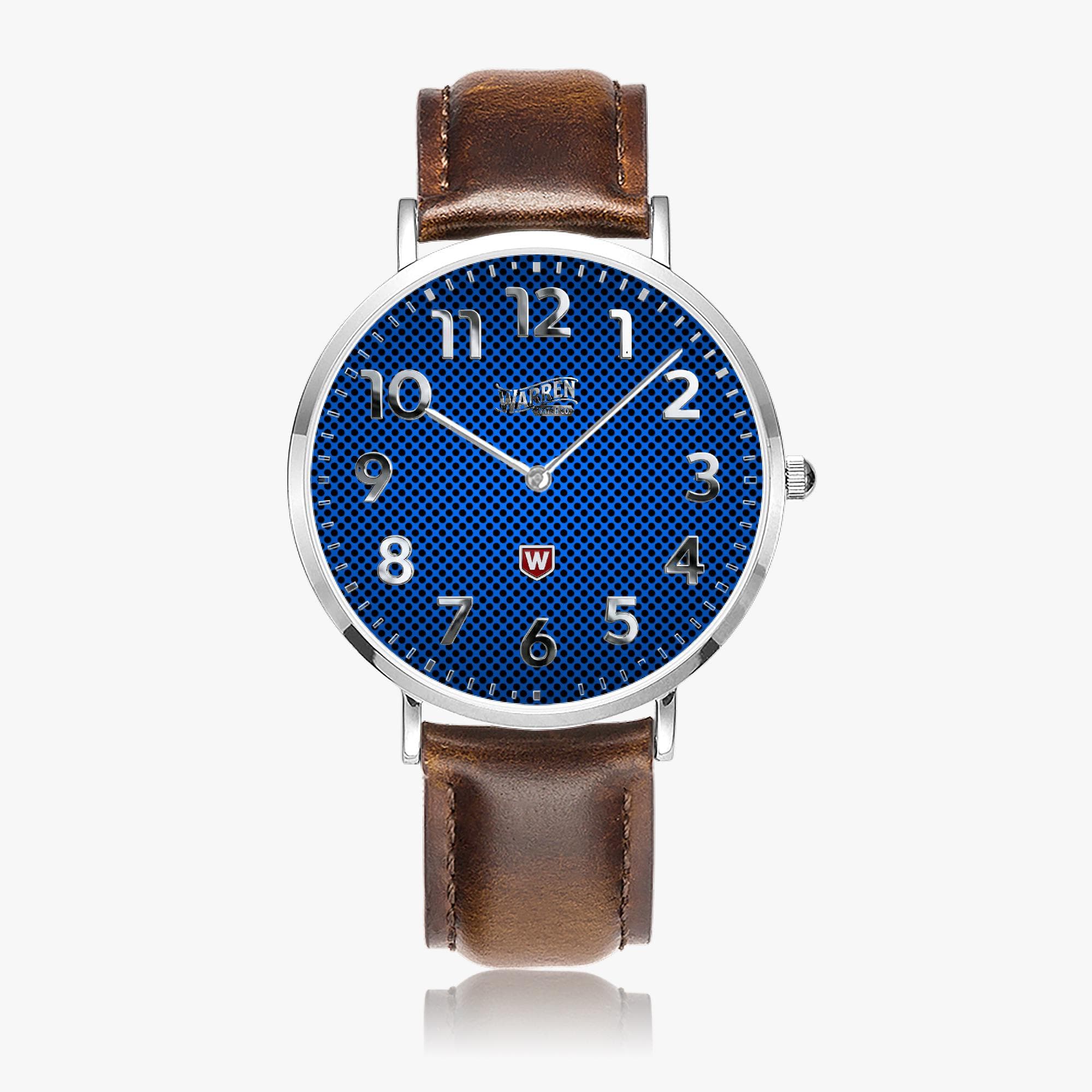 Ultra-Thin Unisex Quartz Watch - Blue Mesh Dial & Genuine Leather Band