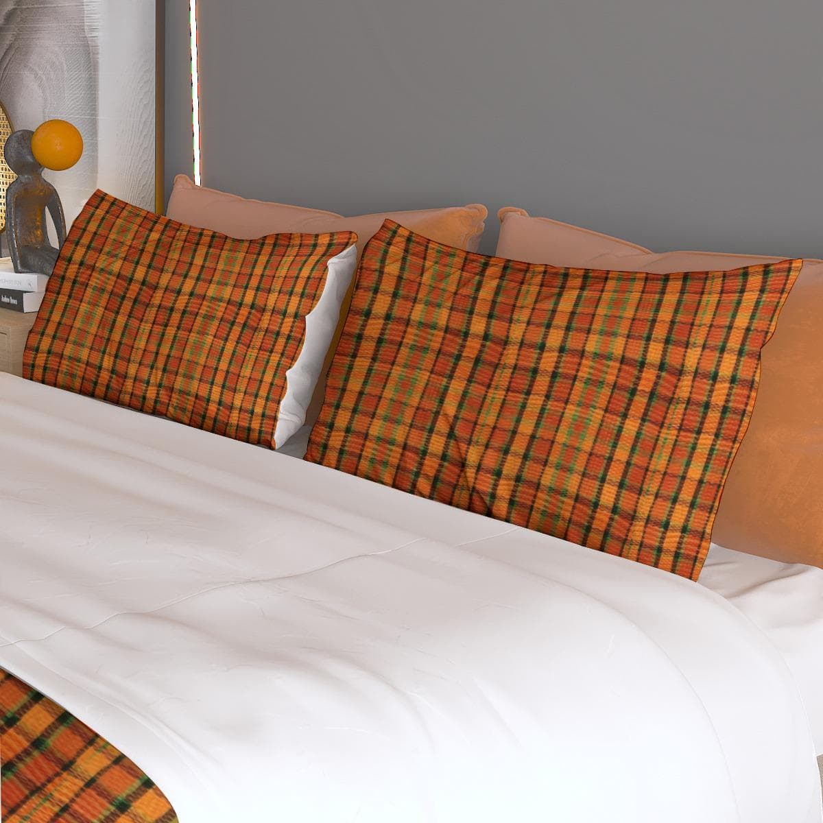 Orange Plaid Bedding Set Queen King Twin Polyester Machine Washable