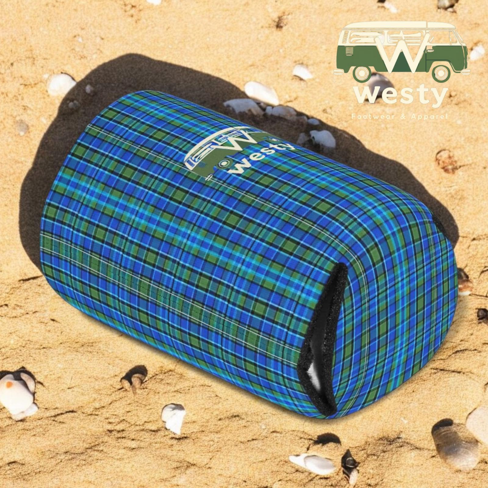 Westy Blue Plaid Can Cooler - Retro Westfalia Camper Bus Design
