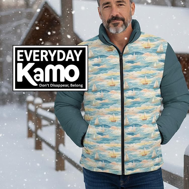 Unisex Sailboat Padded Jacket | Nautical Lightweight Puffer Coat | Coastal Teal Blue Outerwear