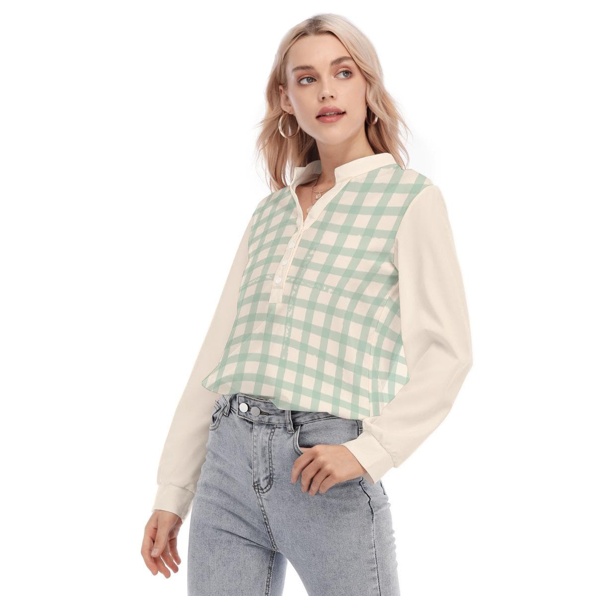 Mint Green Gingham Blouse, Long Sleeve Henley Shirt