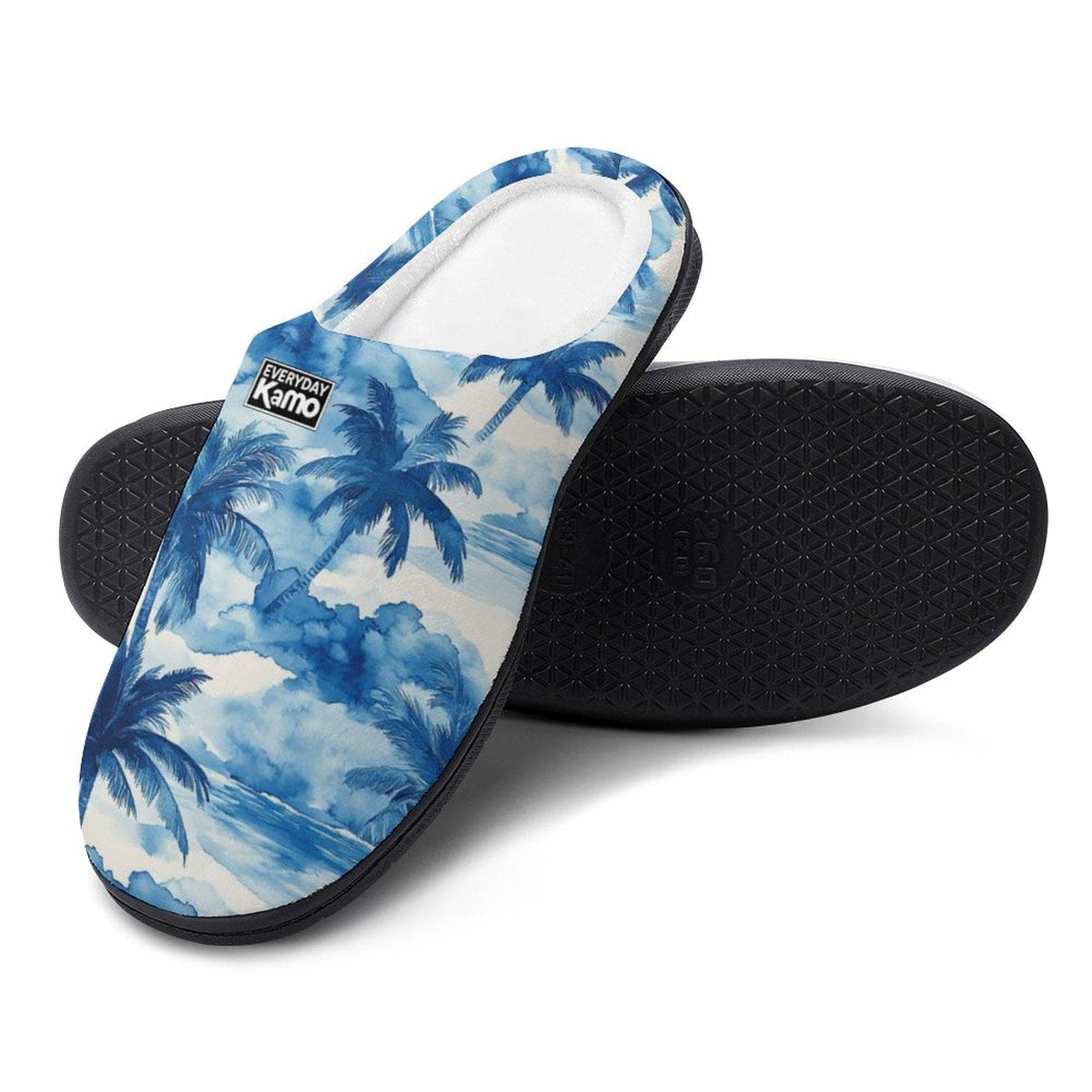 Everyday Kamo Tropical Palm Tree Slippers | Cozy Blue Watercolor Cotton House Shoes for Women