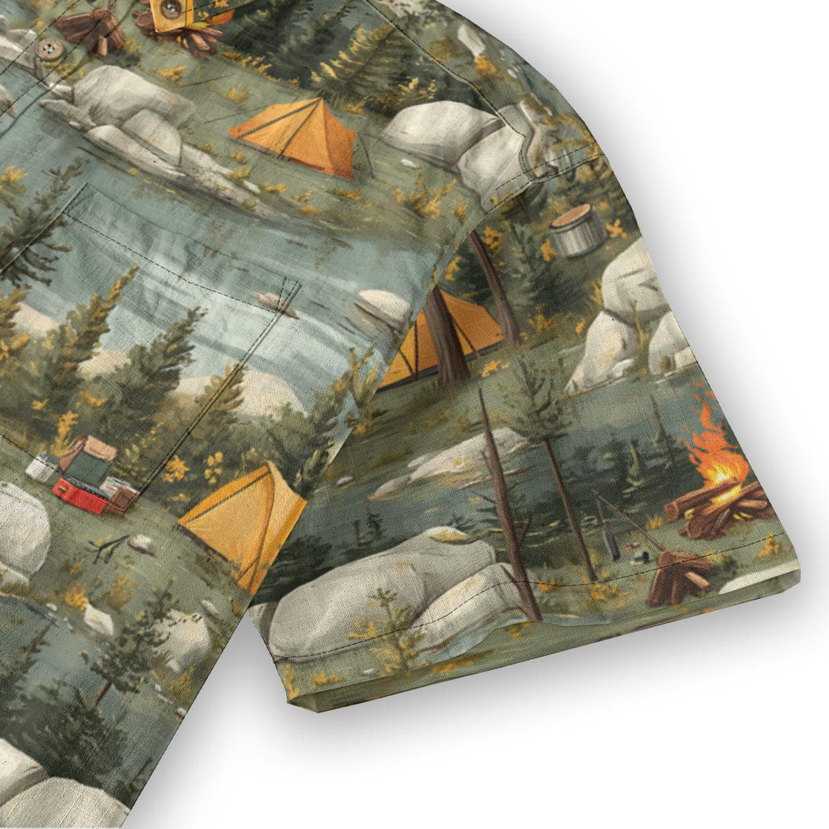 Men's Camping Scene Button Down Shirt | Slub Cotton Short Sleeve Top