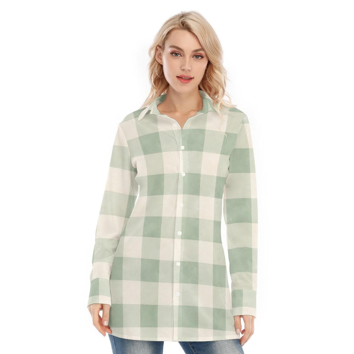Sage Green Plaid Tunic Shirt | Women's Stretch Cotton Button-Up Top
