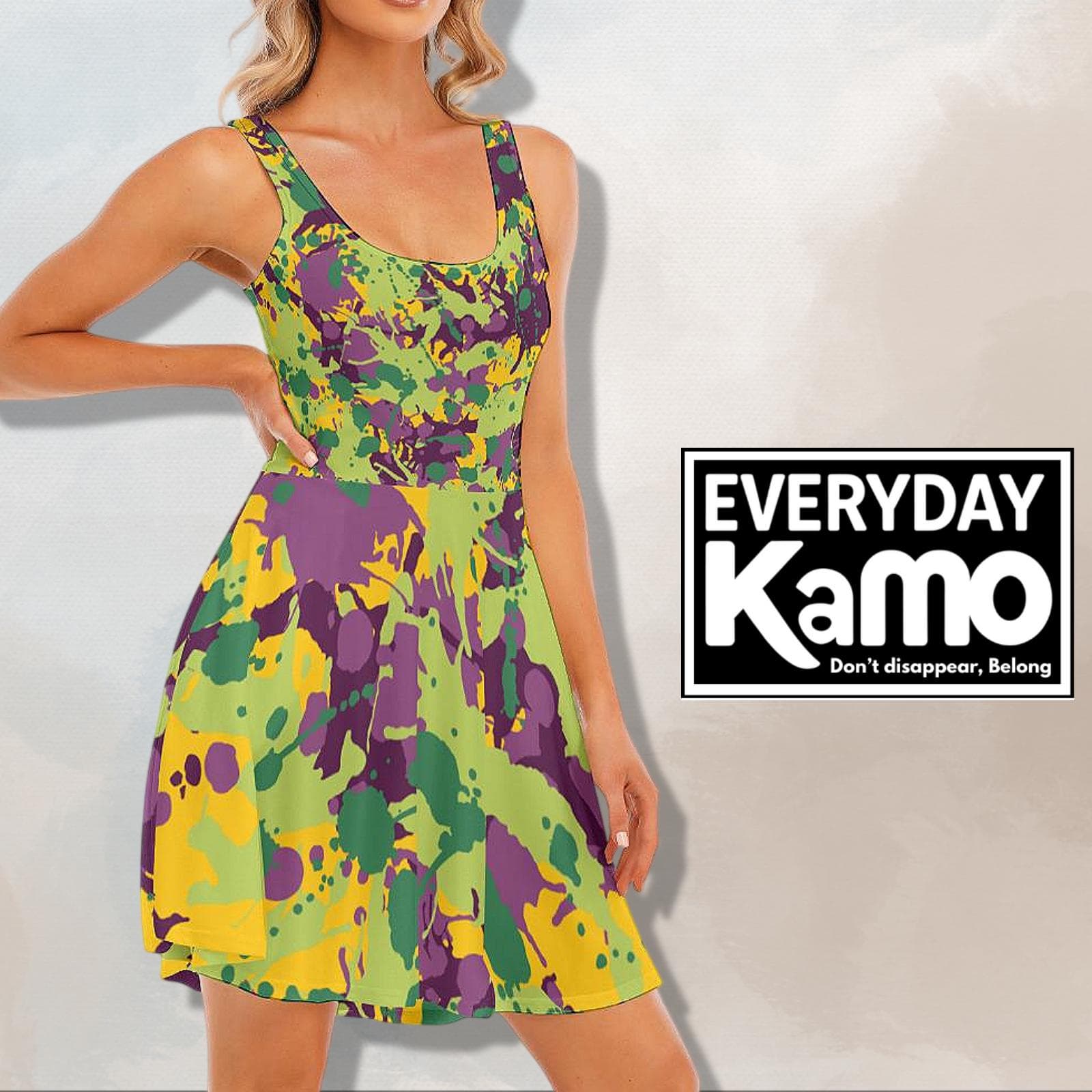 Vibrant Urban Kamo Skater Dress with Pockets - "Don't Disappear, Belong"