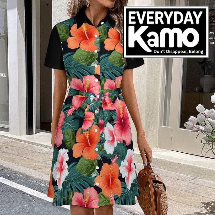 Tropical Hibiscus Shirt Dress | Women's Floral Button Down Collared Sundress with Tie Belt | Vibrant Summer Beach Vacation Resort Wear