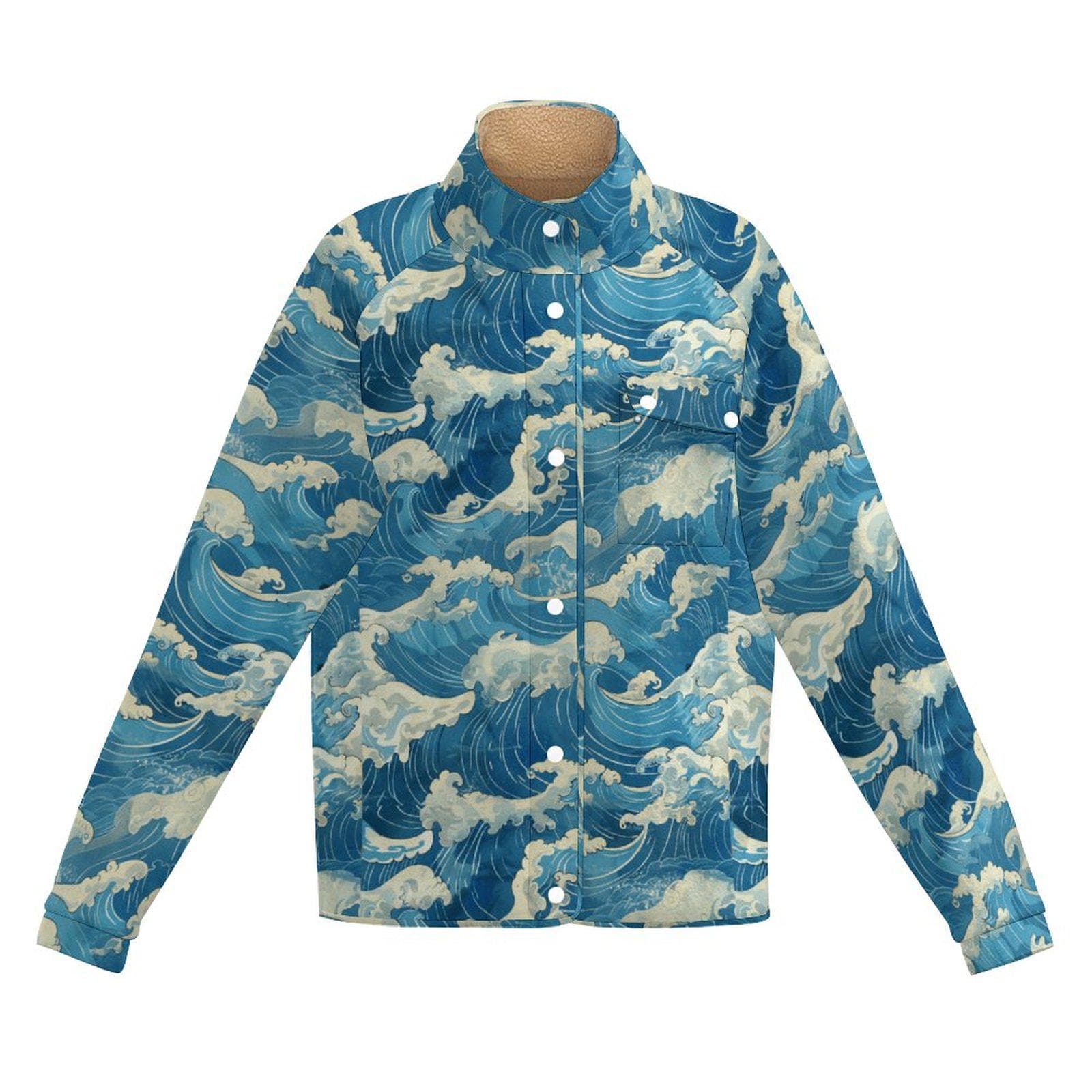 Coastal Wave Fleece Shacket | Sherpa Lined Stand-up Collar Jacket | Ocean Print Cozy Outerwear