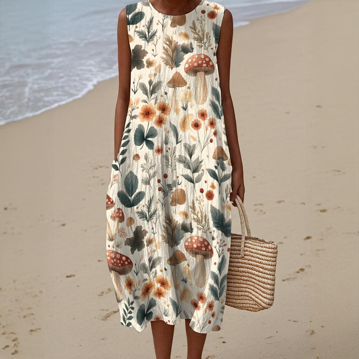 Botanical Mushroom Print Cotton A-Line Dress Sleeveless Crew Neck
