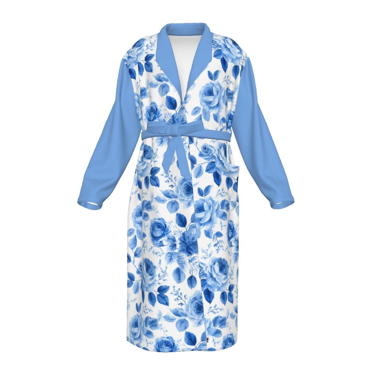 Blue Rose Floral Jersey Robe | Women's Cozy Loungewear Bathrobe with Pockets & Tie