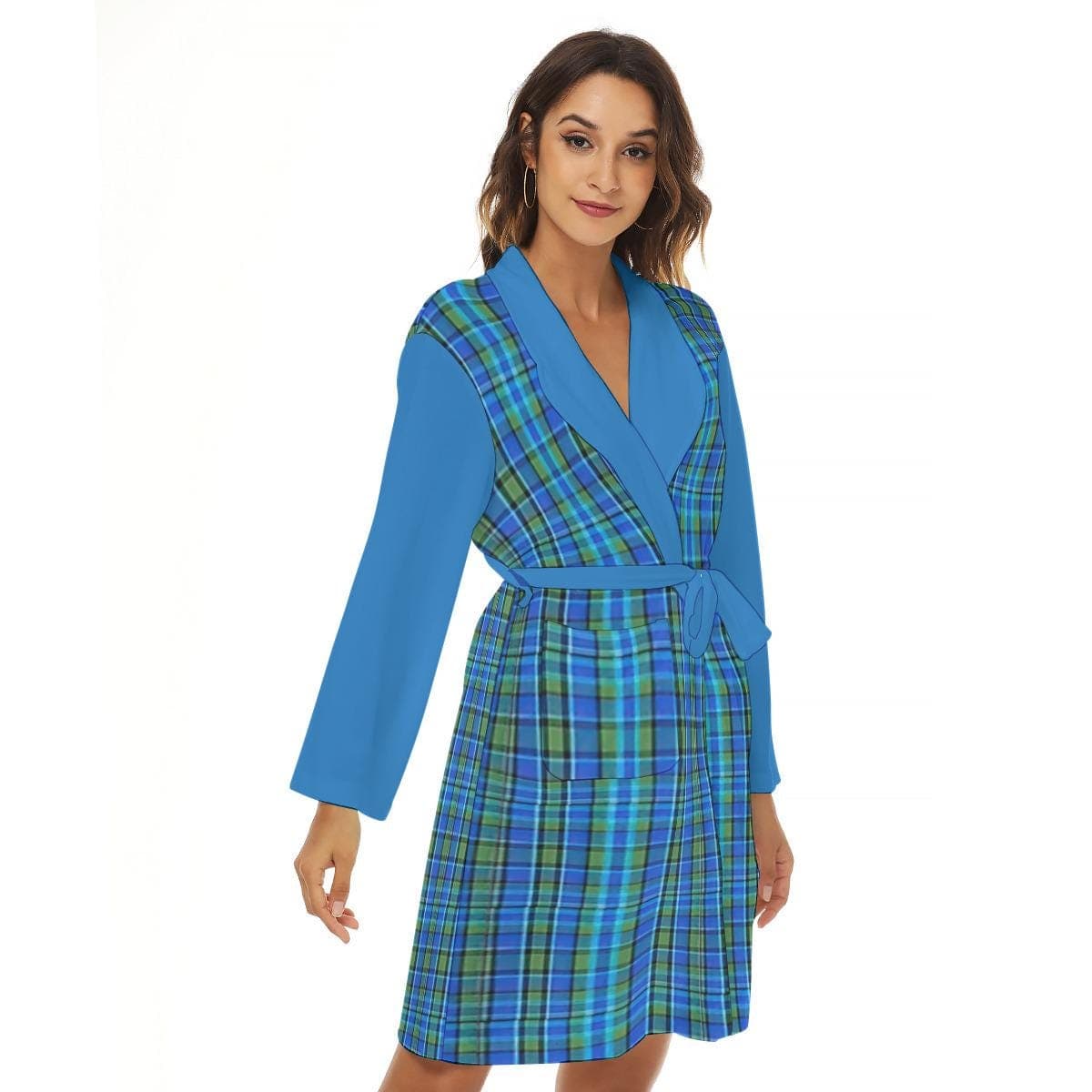 Blue Plaid Jersey Bathrobe | Cozy Loungewear Robe with Pockets