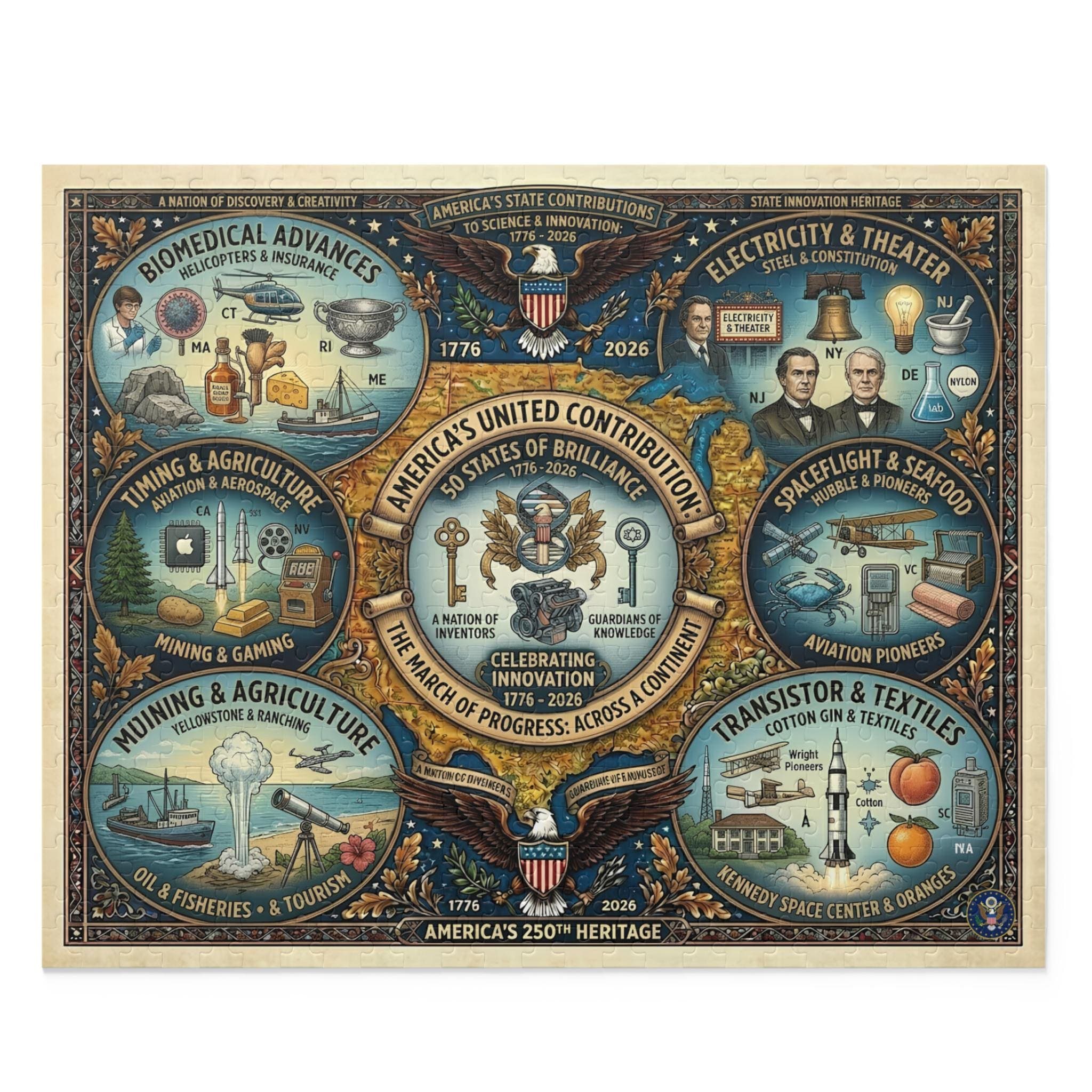 USA 250th Heritage Illustrated Puzzle | 252/500 Piece Chipboard | State Landmarks