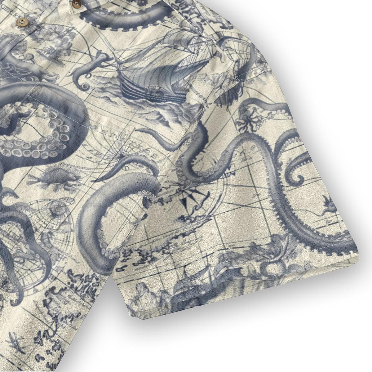 Men's Octopus Hawaiian Shirt, Vintage Nautical Map Slub Cotton Button-Up