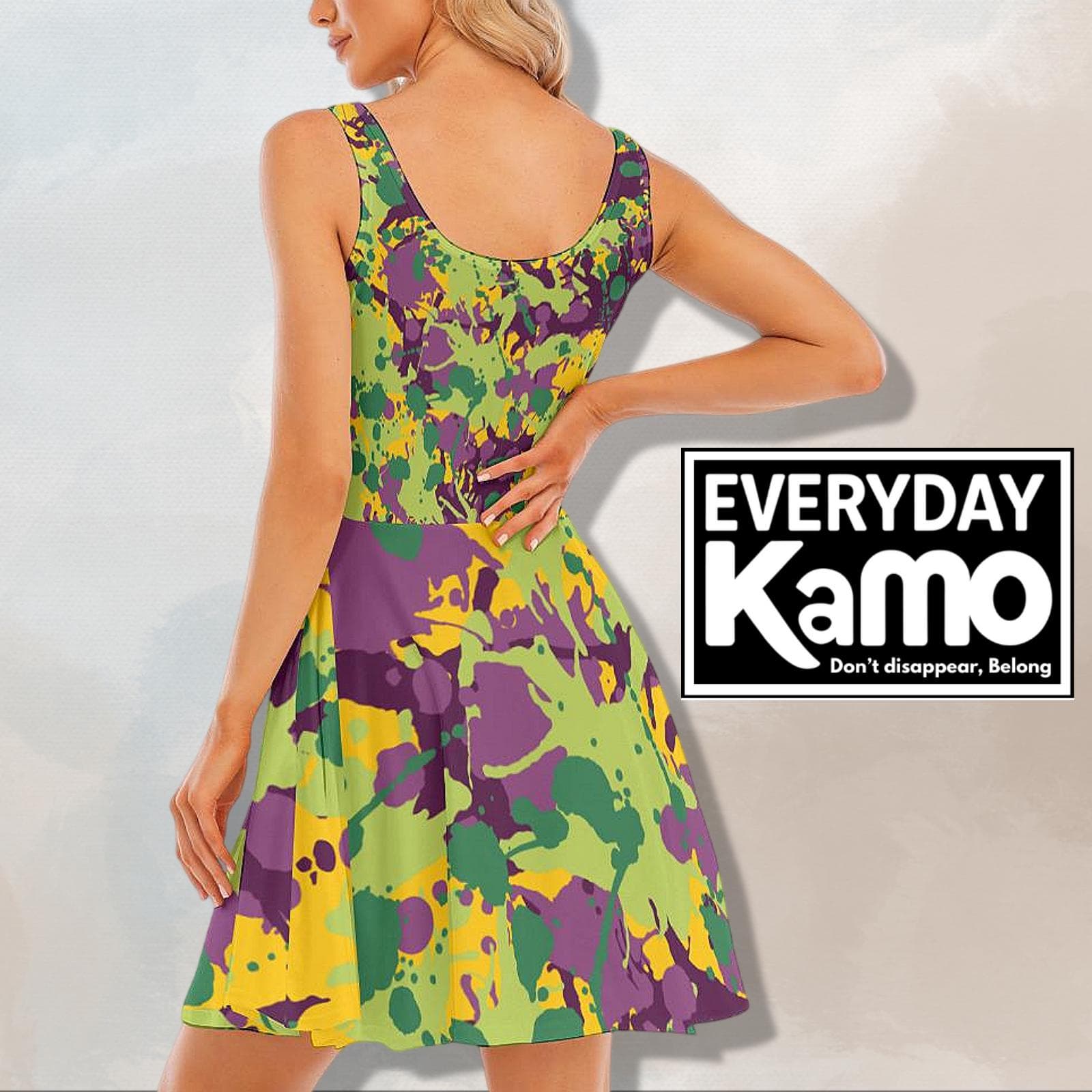Vibrant Urban Kamo Skater Dress with Pockets - "Don't Disappear, Belong"