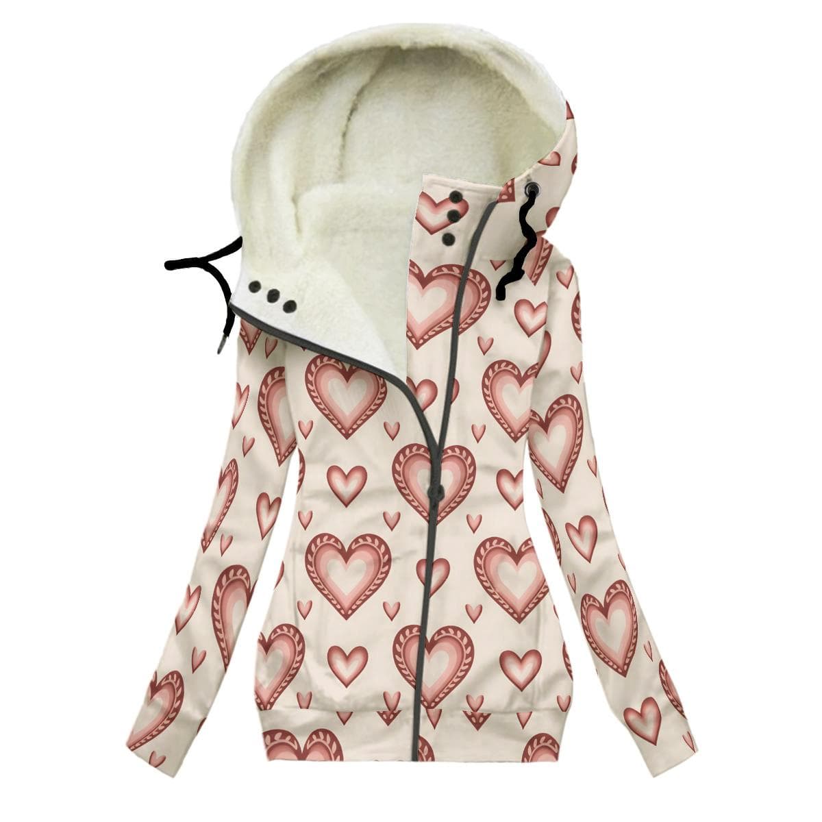 Cozy Heart Print Sherpa Lined Hoodie | Women's Warm Winter Oblique Zip Jacket
