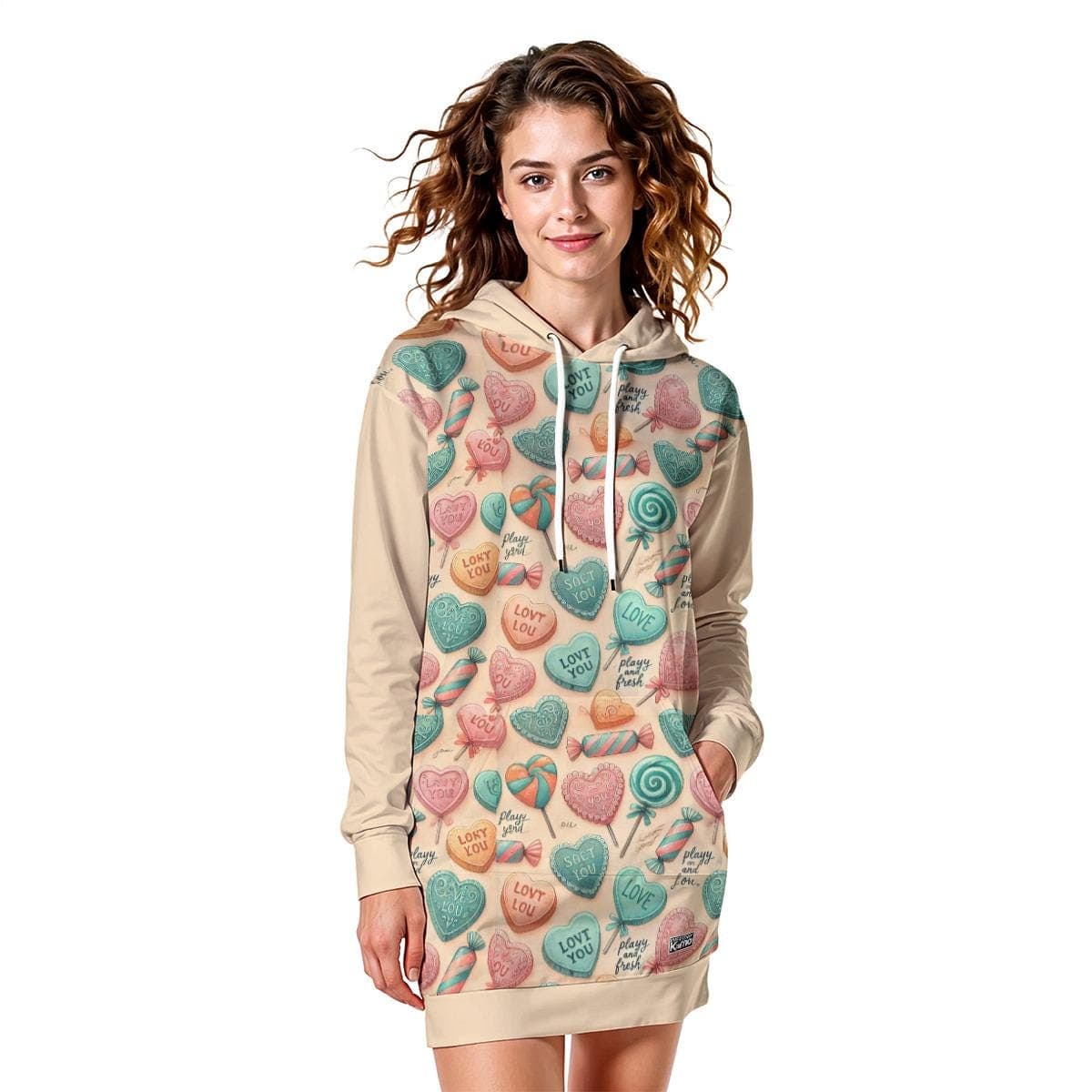 Sweetheart Candy Heart Hoodie Dress - Cozy Fur-Lined & Playful Pattern