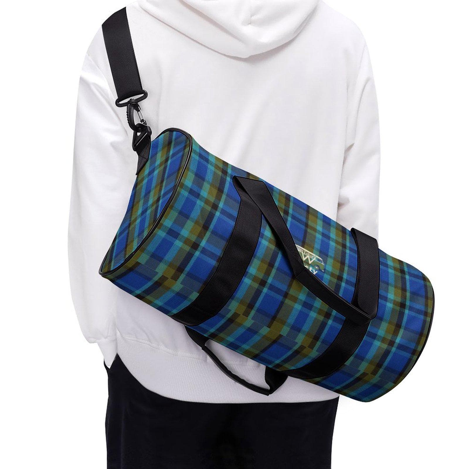 Westy Westfalia Blue Plaid Cylindrical Gym Travel Bag Oxford