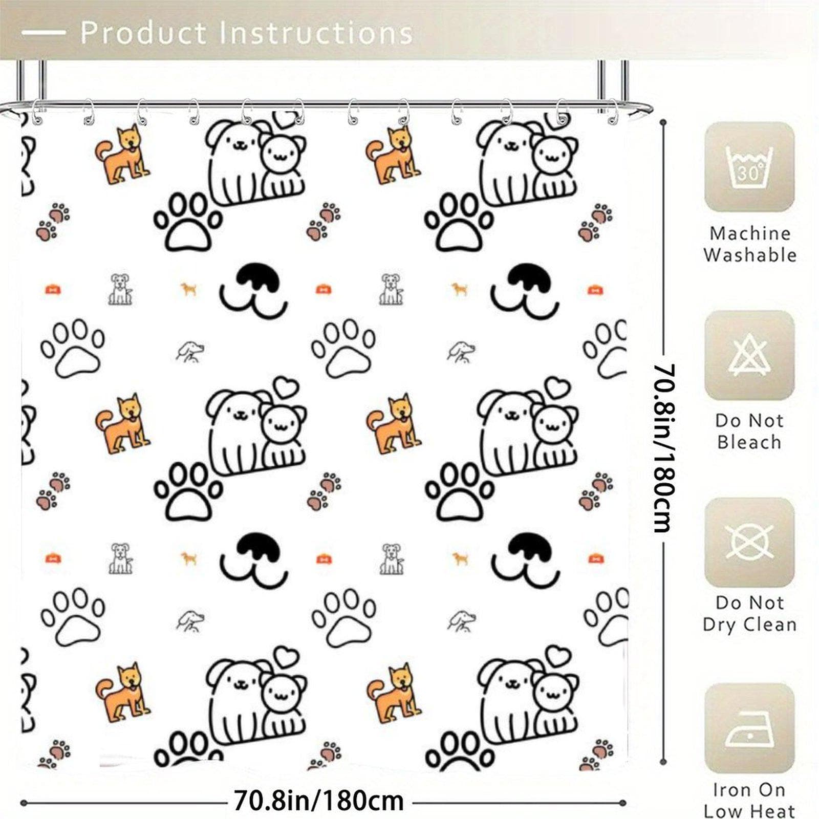 Dog Cat Paw Print Shower Curtain - Waterproof Polyester Kawaii Bathroom Decor