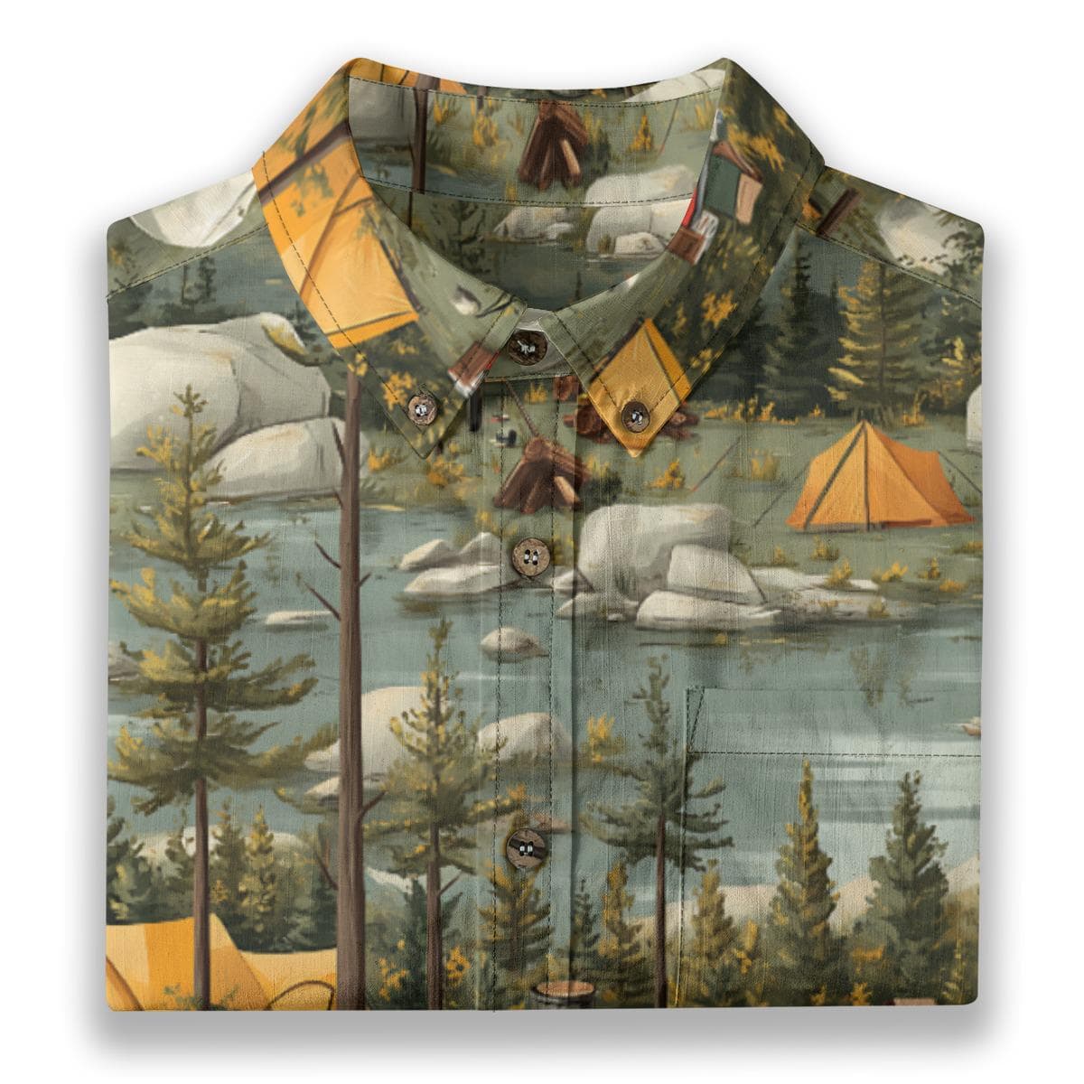 Men's Camping Scene Button Down Shirt | Slub Cotton Short Sleeve Top