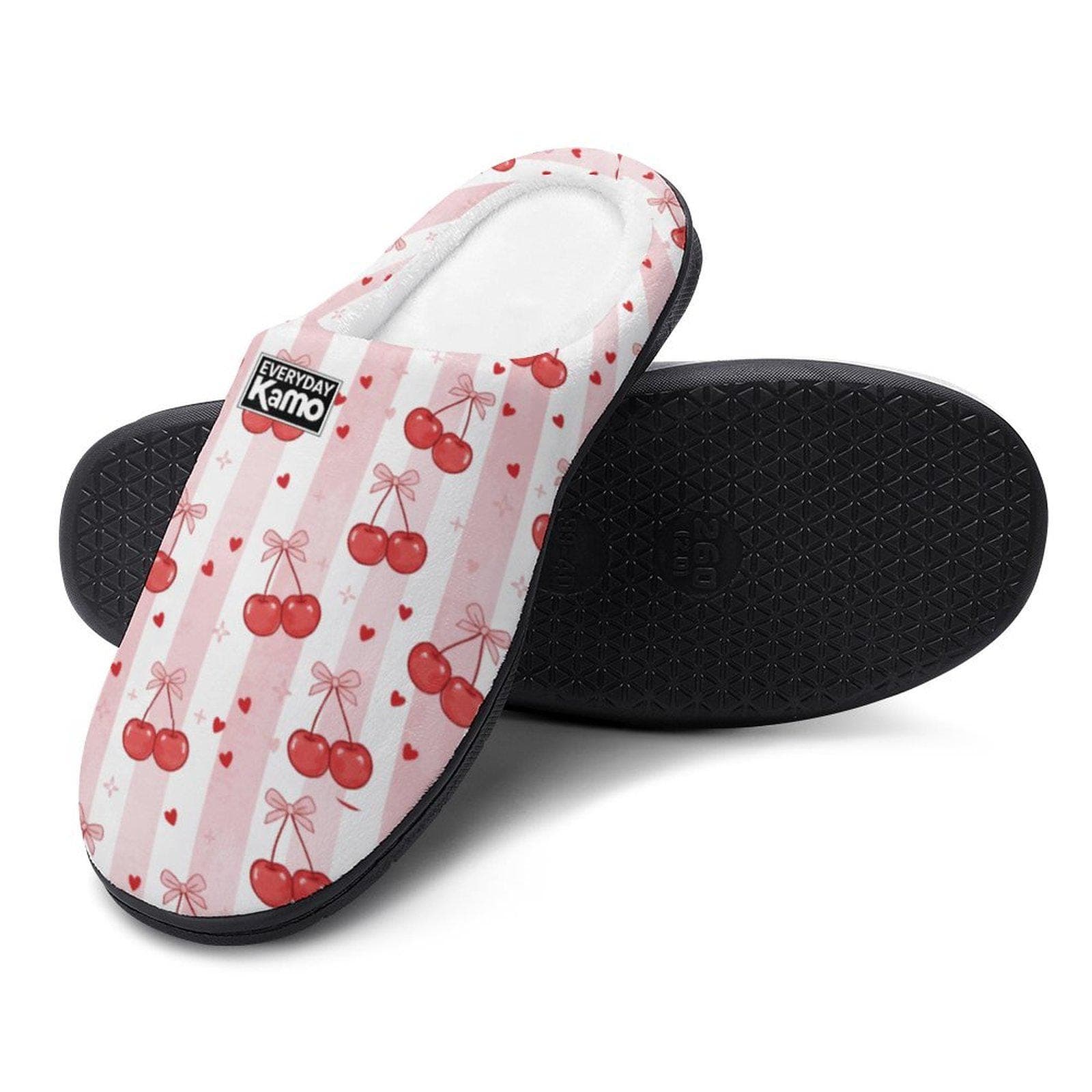 Sweet Cherry Stripe Women's Cotton Slippers | Cozy Indoor House Shoes | Pink & Red Comfort Slides