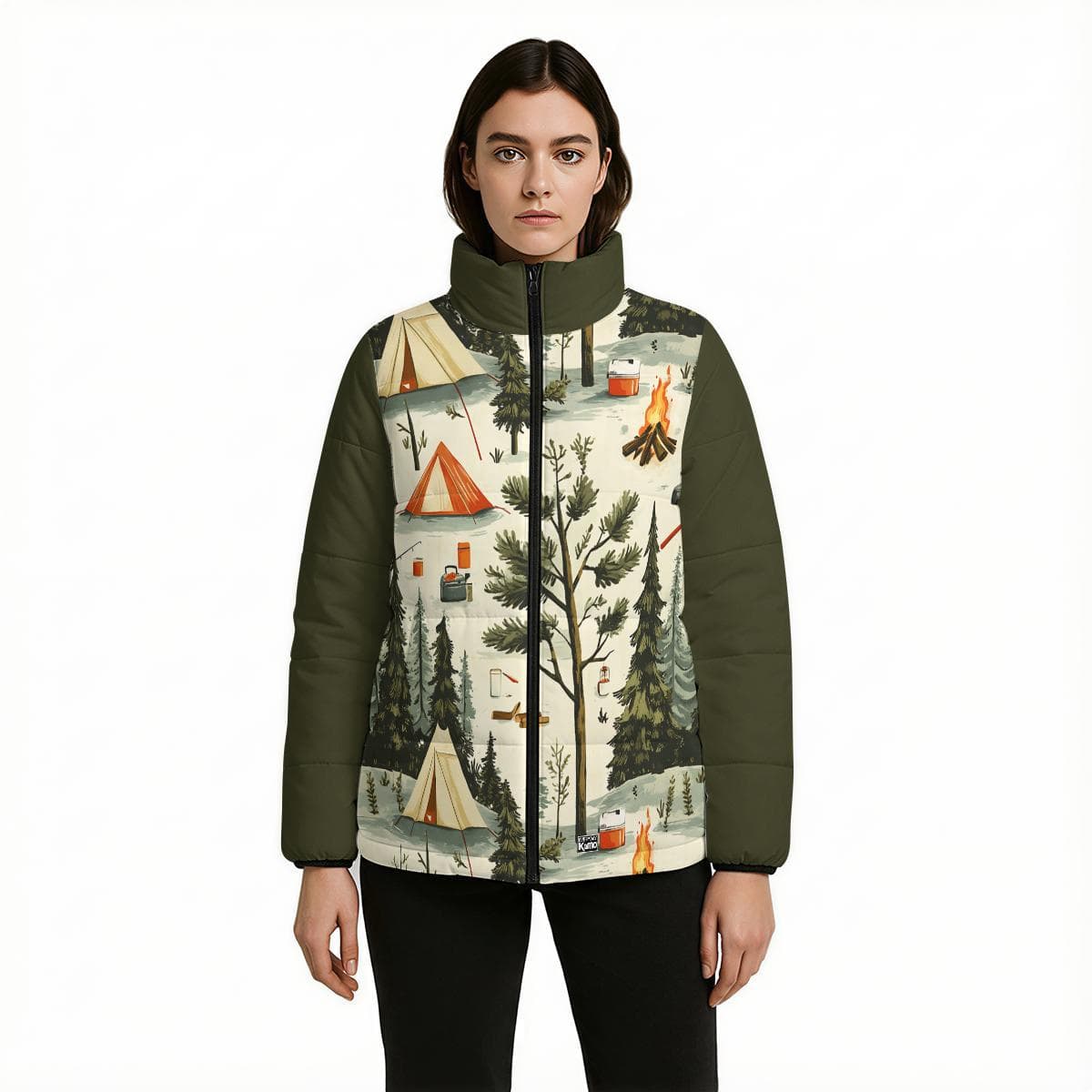 Wanderlust Camping Puffer Jacket | Women's Cozy Forest Print Quilted Coat | Nature Adventure Lightweight Outerwear