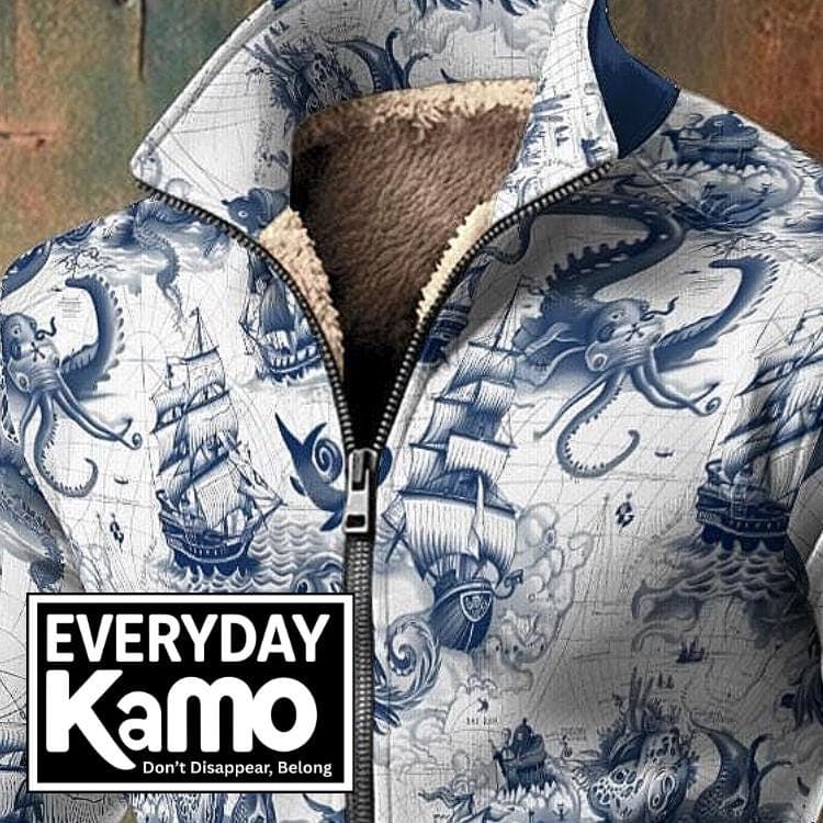 Nautical Kraken Sea Monster Fleece Zip-Up Jacket | Stand Collar Warm Sweatshirt