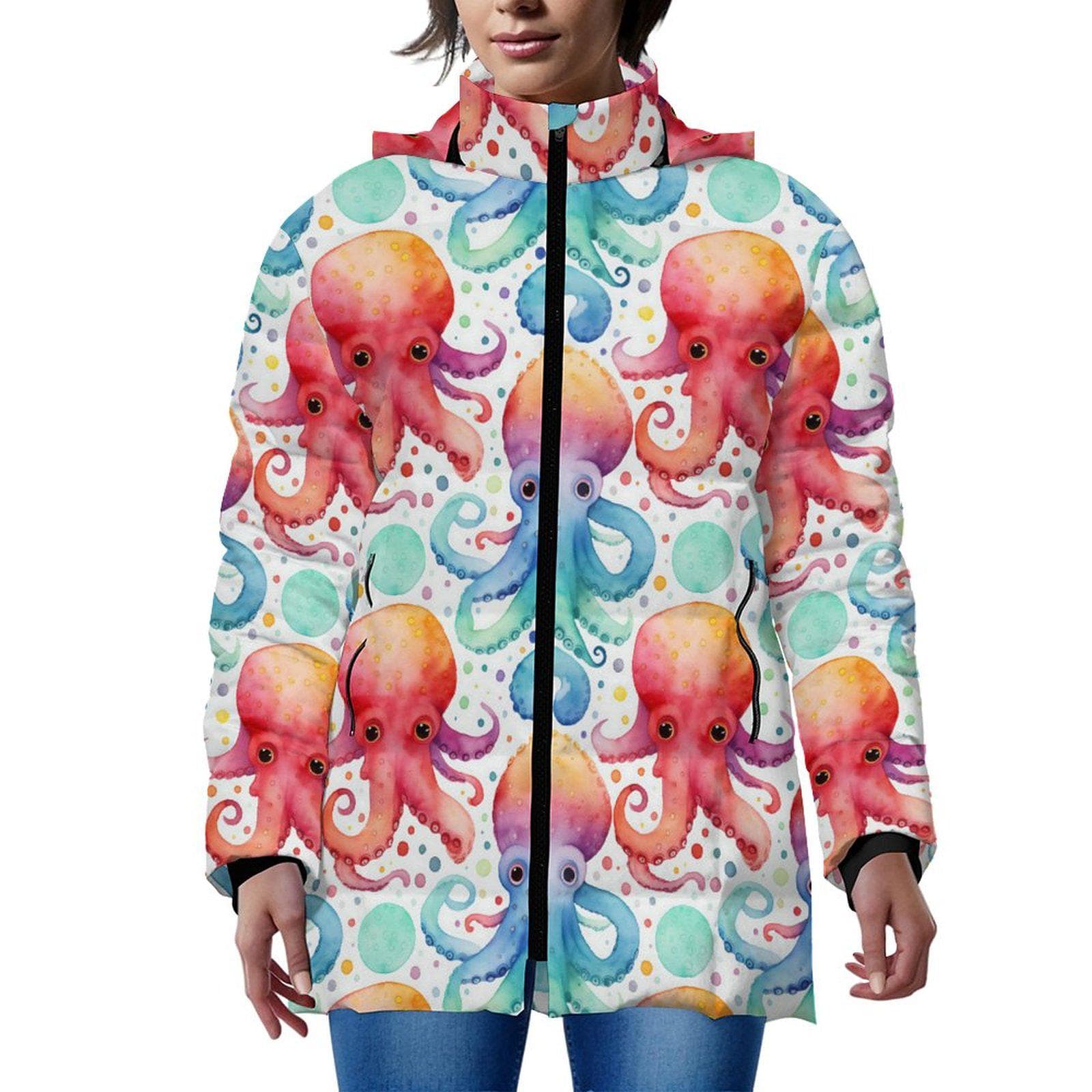 Vibrant Watercolor Octopus Puffer Jacket | Cozy Marine Life Full-Zip Outerwear | Removable Hood