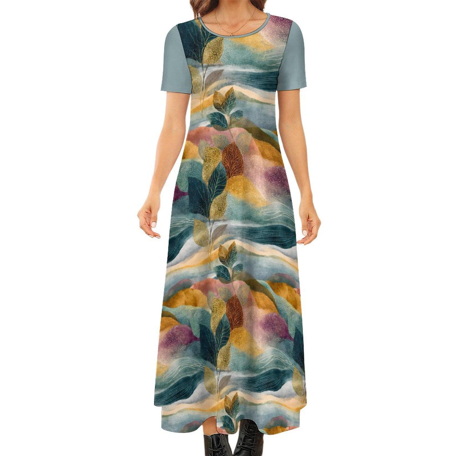 Watercolor Wanderlust Maxi Dress - Abstract Leaf Print Flowy Casual Gown - Comfortable Everyday Summer Dress