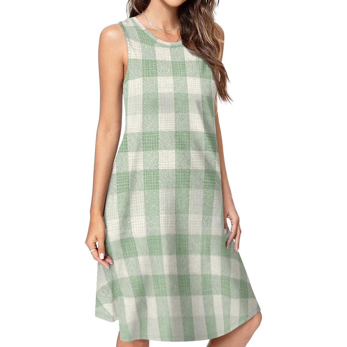 Sleeveless Plaid A-Line Dress Knee-Length Plain-Weave Comfort Made USA