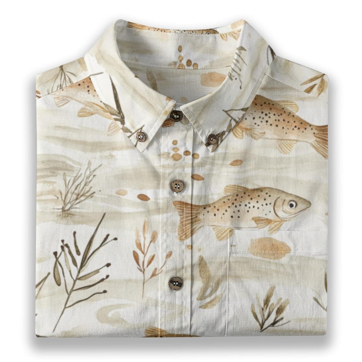Effortless Elegance Trout Print Button-Up Shirt | Men's Fishing Slub Cotton Short Sleeve