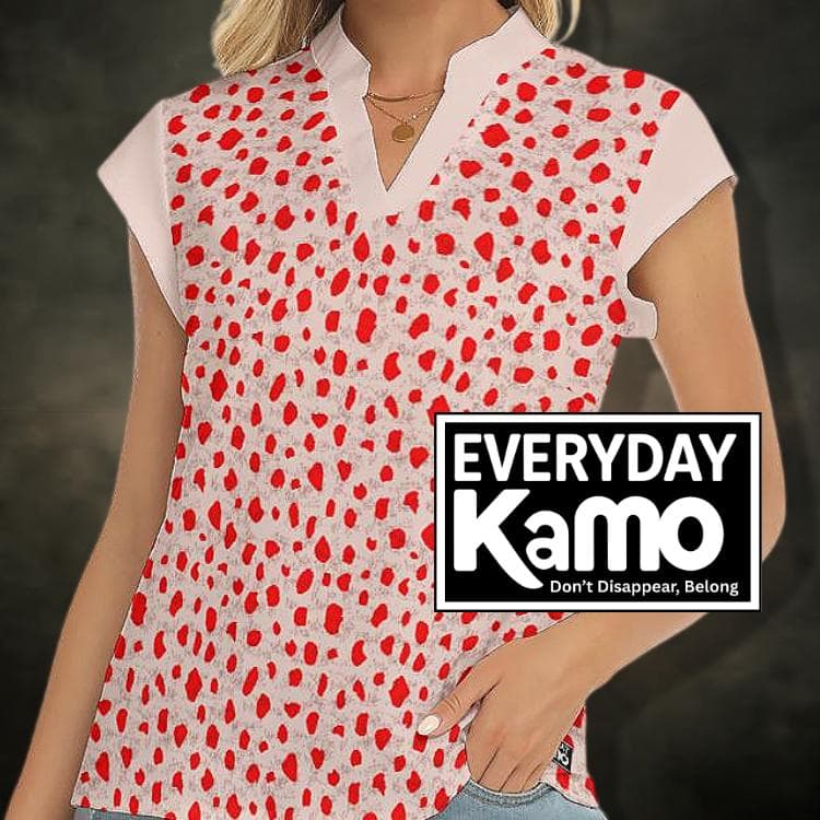 Chic Red Spot Print V-Neck Blouse | Women's Short Sleeve Top | Four-Way Stretch Comfort