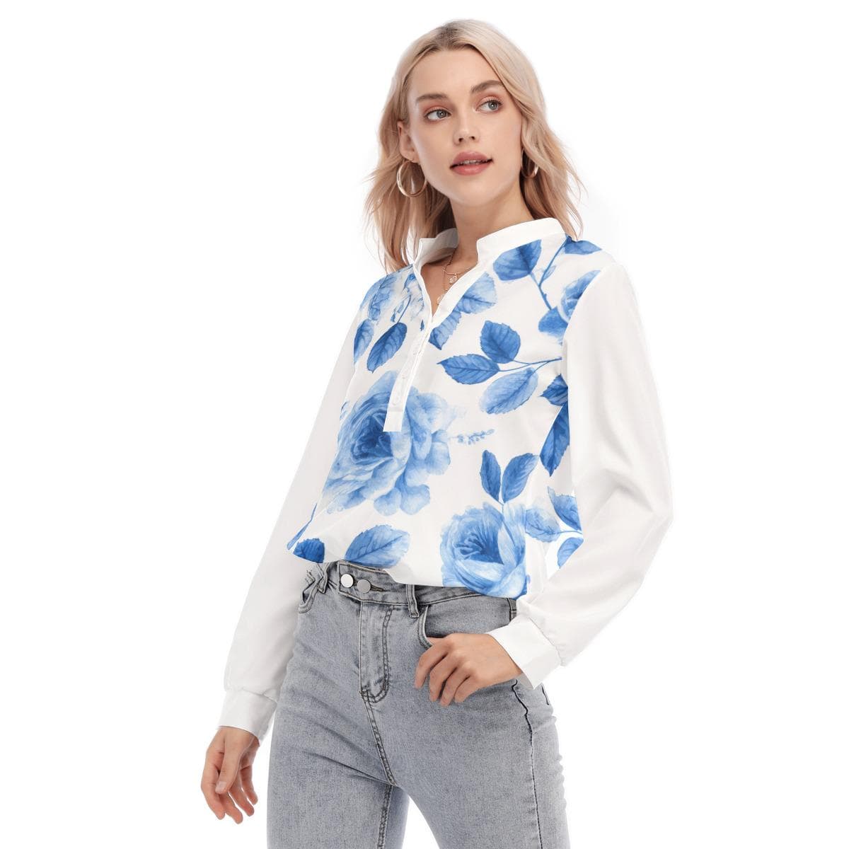 Blue Rose Floral Henley Blouse | Women's Long Sleeve Top