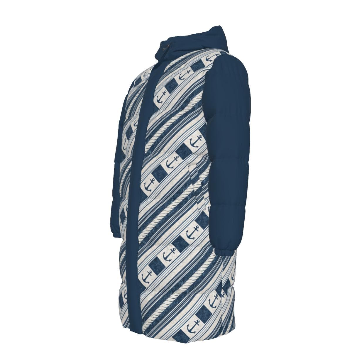 Nautical Anchor Print Long Puffer Jacket - Windproof Down Coat for Cold Weather Adventures