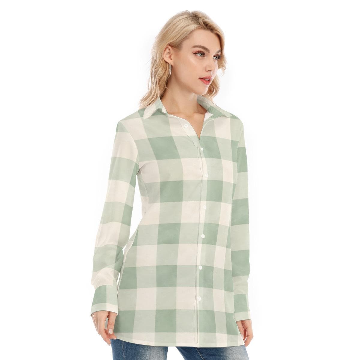 Sage Green Plaid Tunic Shirt | Women's Stretch Cotton Button-Up Top